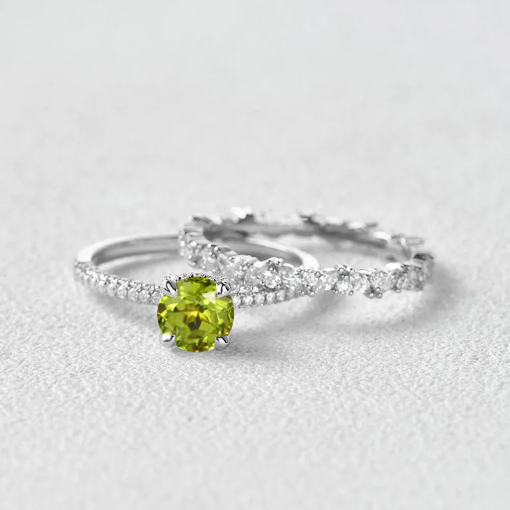 1.0ct Round Peridot Cluster Vintage Gold Ring Set 2pcs