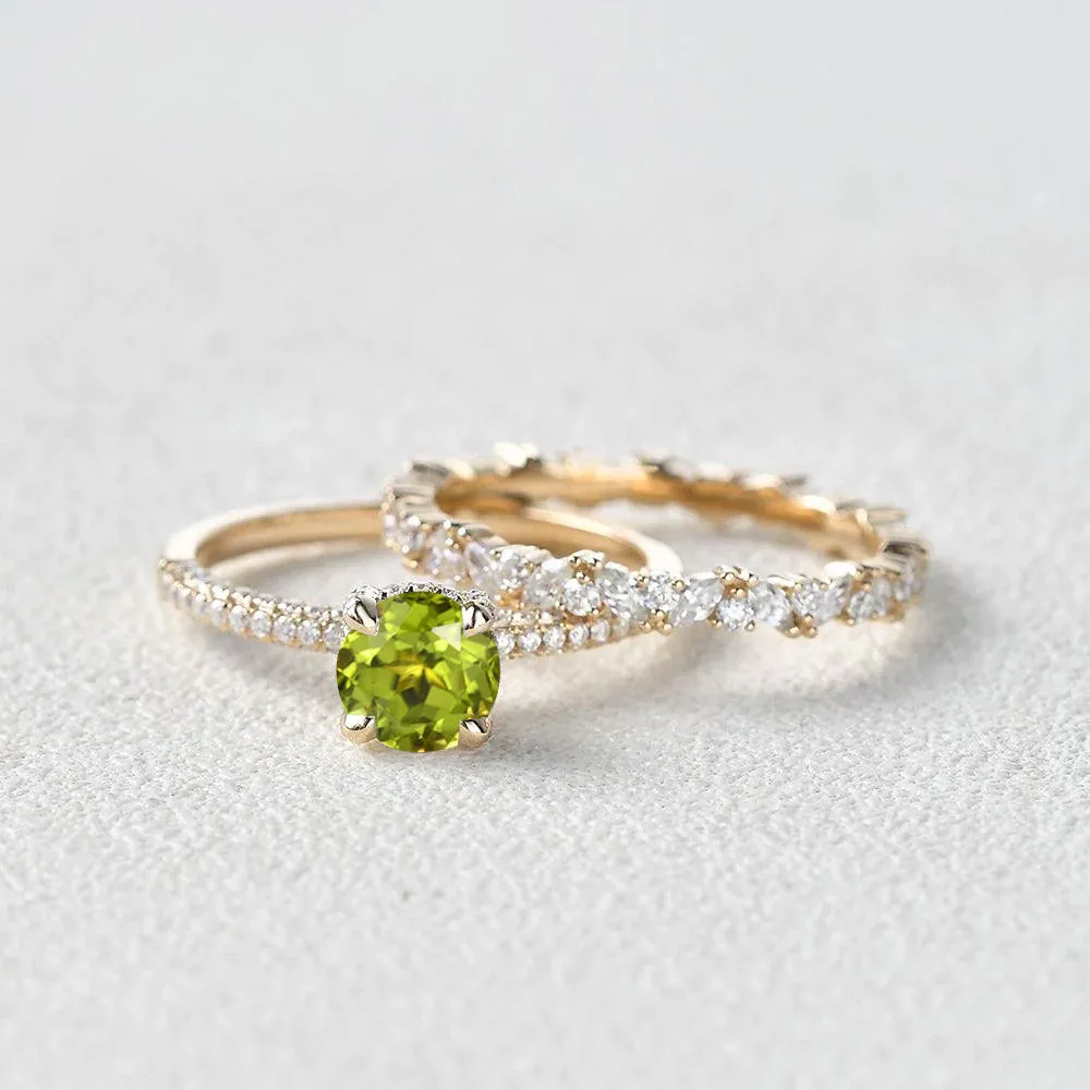 1.0ct Round Peridot Cluster Vintage Gold Ring Set 2pcs
