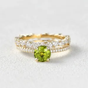 1.0ct Round Peridot Cluster Vintage Gold Ring Set 2pcs