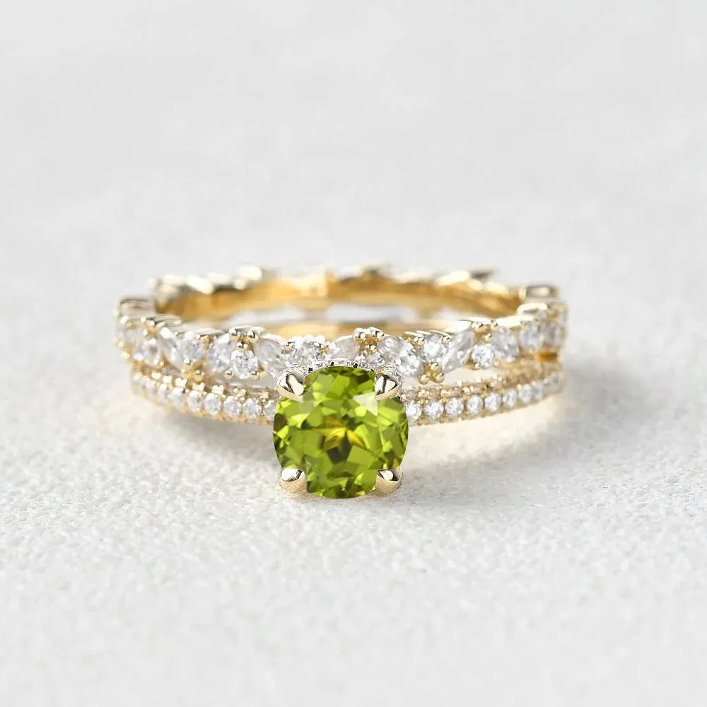 1.0ct Round Peridot Cluster Vintage Gold Ring Set 2pcs