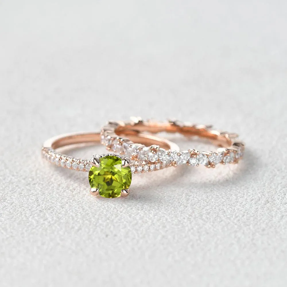 1.0ct Round Peridot Cluster Vintage Gold Ring Set 2pcs