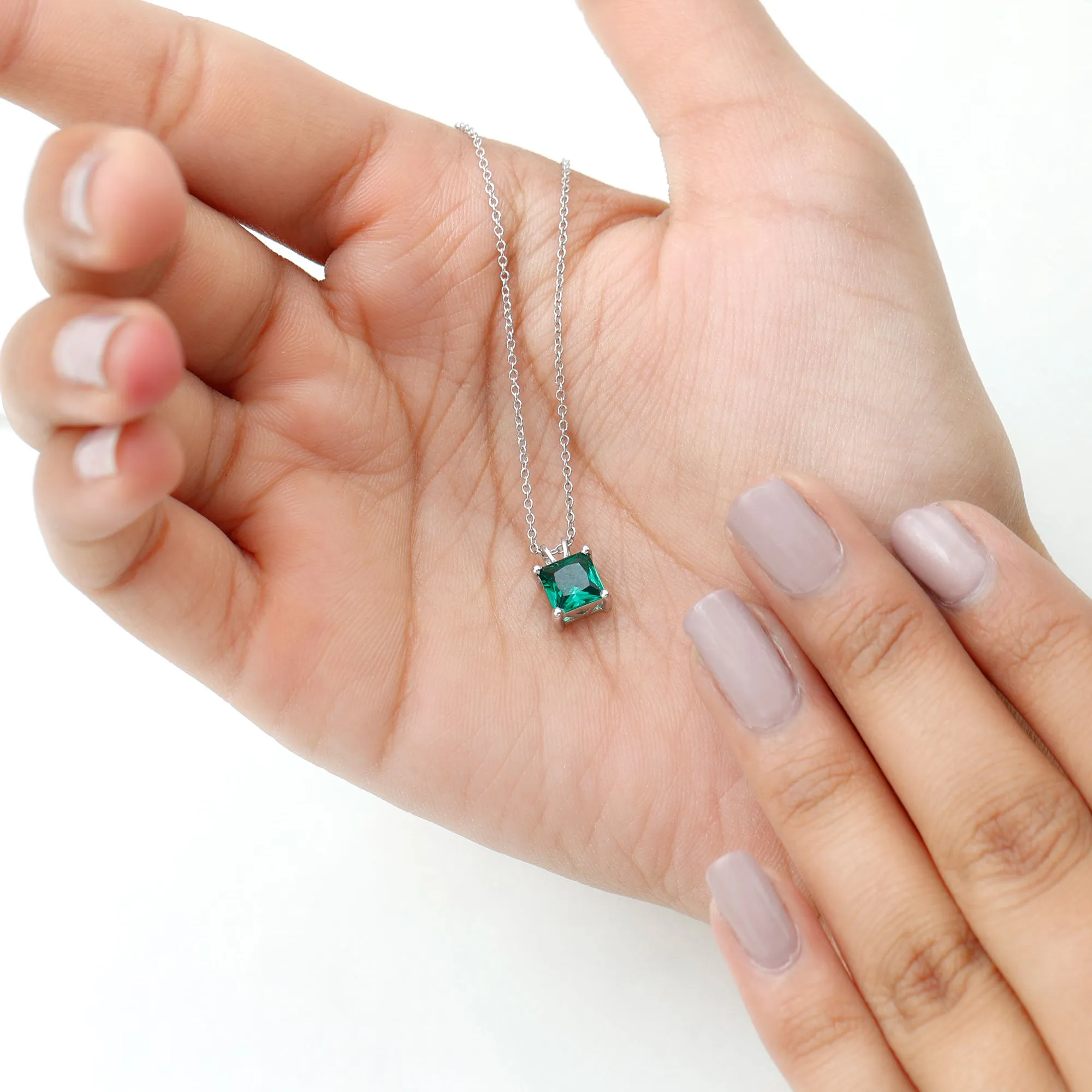 1.2 CT Princess Cut Created Emerald Solitaire Silver Pendant for Women