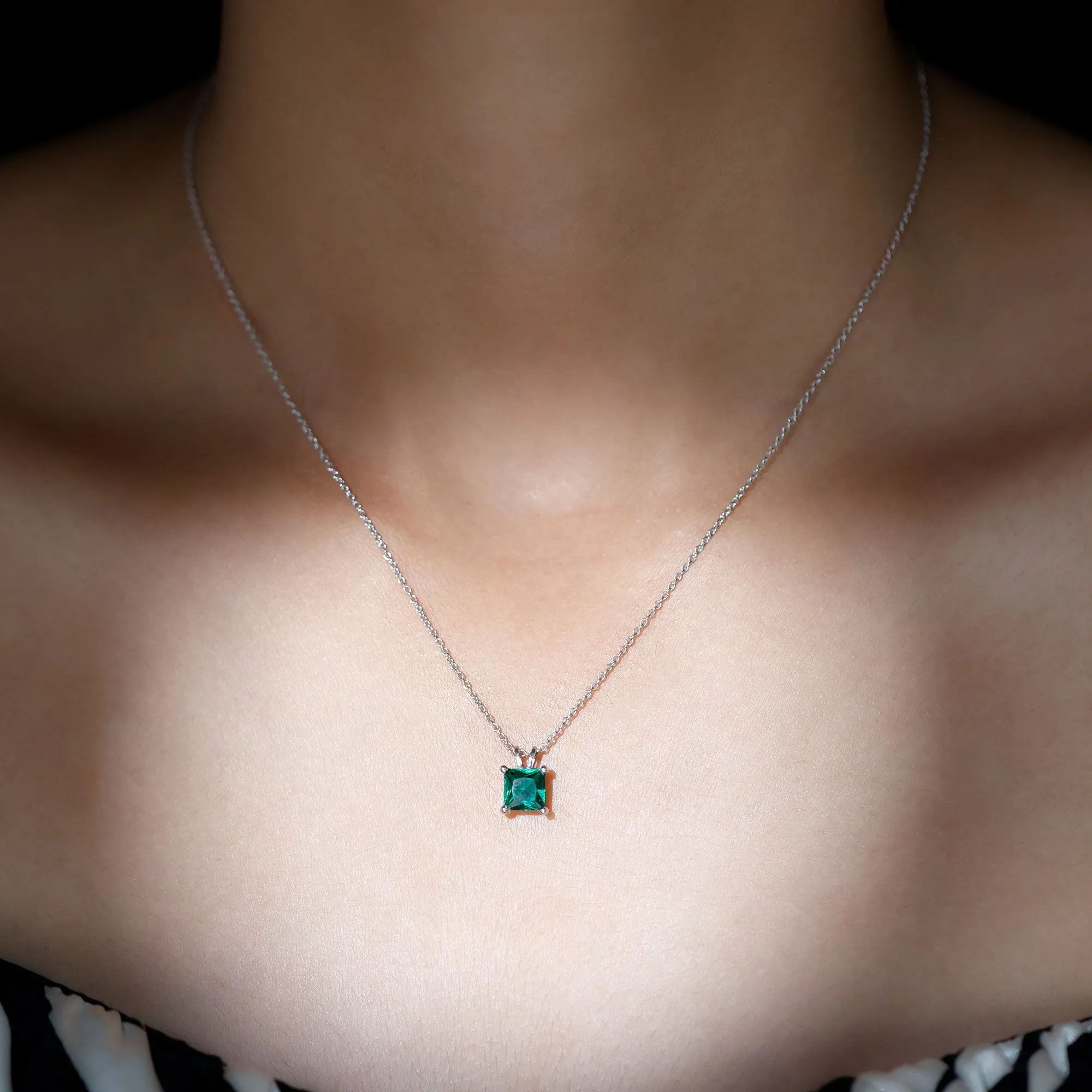 1.2 CT Princess Cut Created Emerald Solitaire Silver Pendant for Women