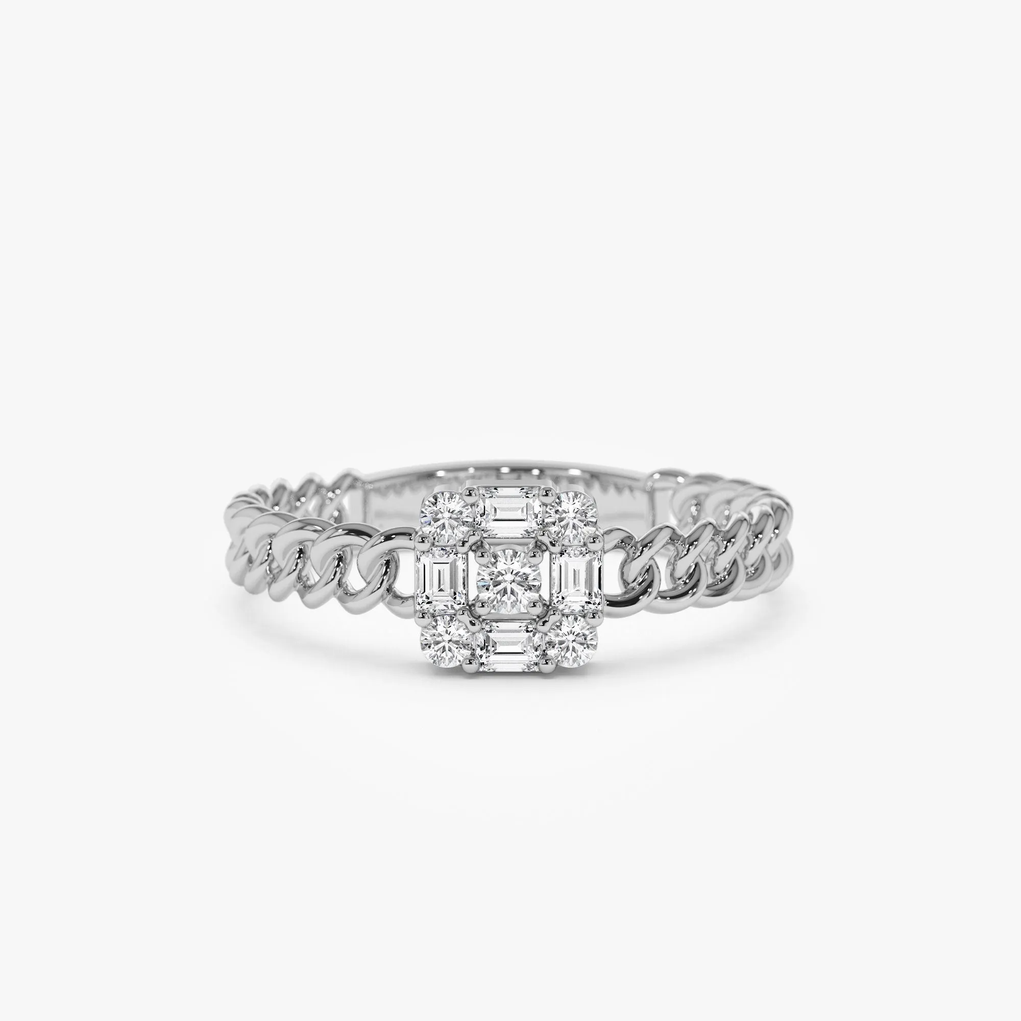 14k Curb Link Illusion Setting Baguette Diamond Ring
