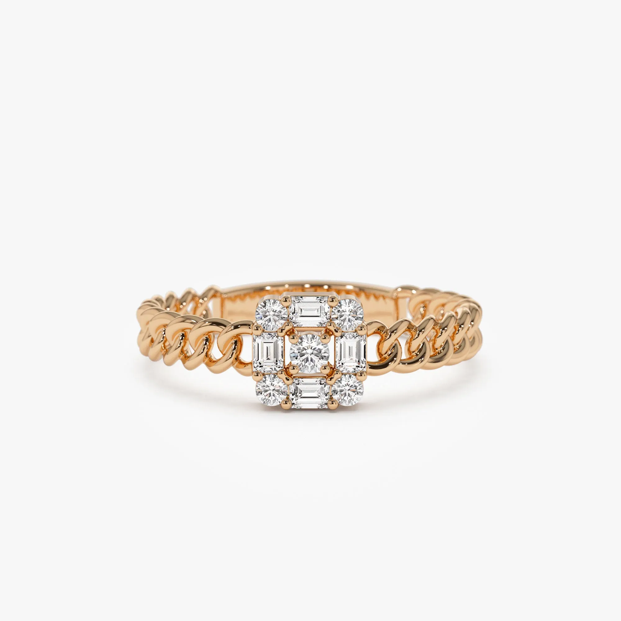14k Curb Link Illusion Setting Baguette Diamond Ring