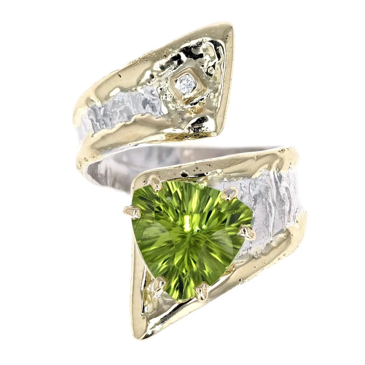 14K Gold & Crystalline Silver Trillion-Cut Peridot & Diamond Curl II Ring