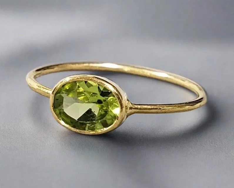 14k Gold Green Peridot Dainty Ring