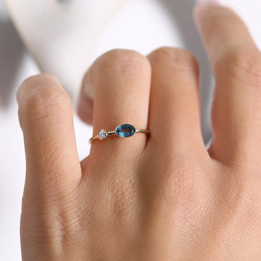 14k Gold Oval London Blue Topaz  and Diamond Ring