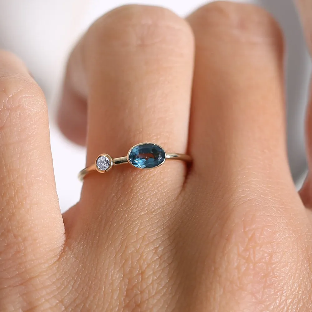 14k Gold Oval London Blue Topaz  and Diamond Ring