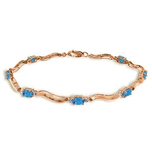 14K Solid Rose Gold Tennis Bracelet w/ Diamonds & Blue Topaz