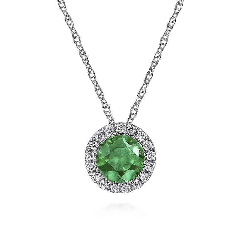 14K White Gold Emerald and Diamond Halo Pendant Necklace