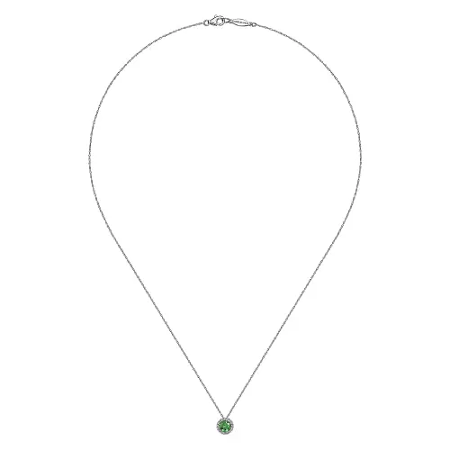 14K White Gold Emerald and Diamond Halo Pendant Necklace