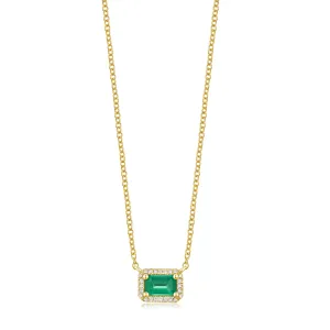 14K Yellow Gold Diamond  Halo   Emerald Necklace