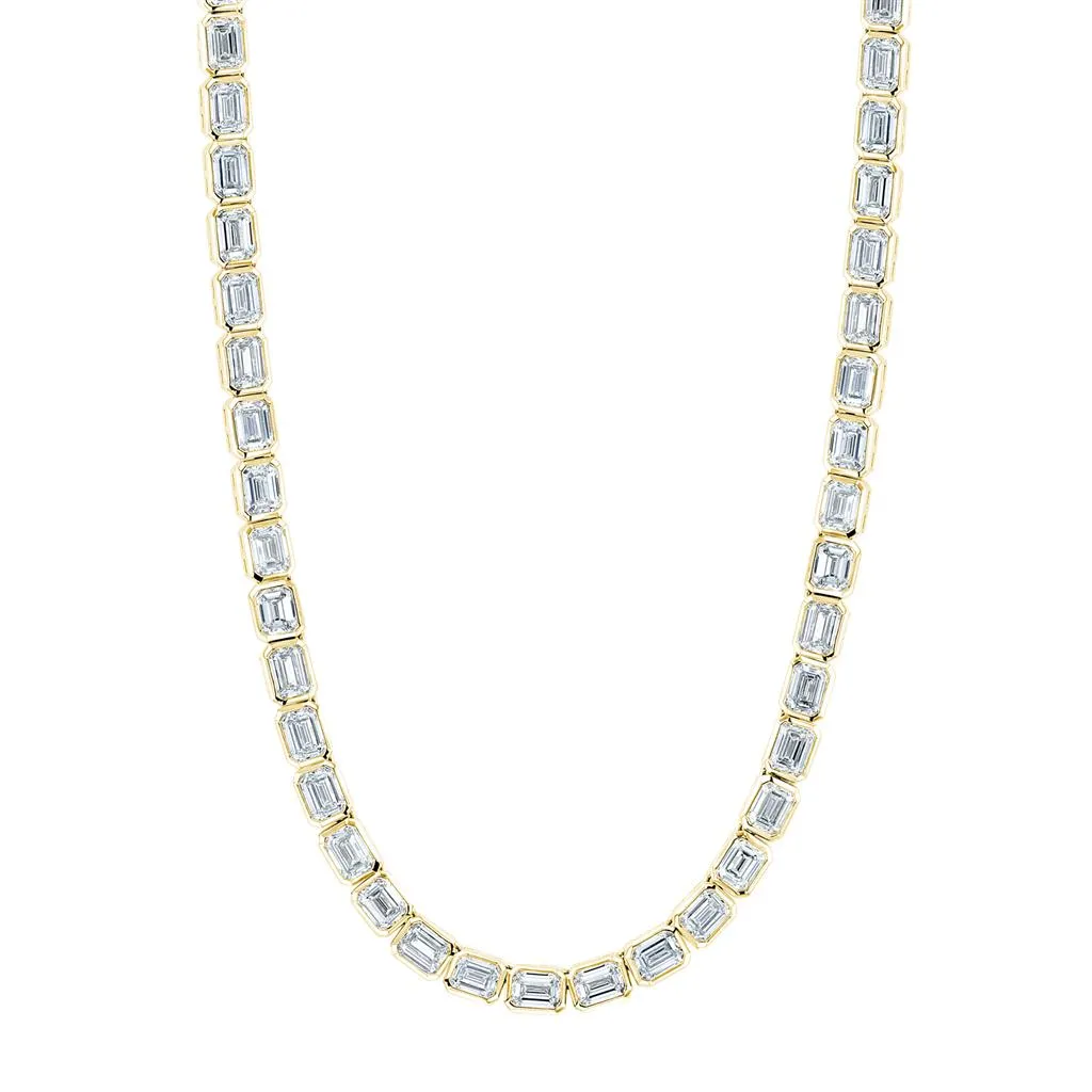 14k Yellow Gold Emerald Cut Bezel Set Diamond Tennis Necklace - 10.25cttw