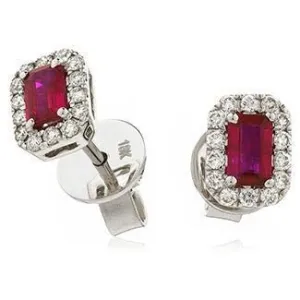 18ct WHITE GOLD Ruby and Diamond 0.90ct Emerald Cut Halo Earrings Women's 8mm GIFT Box