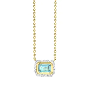 18K Gold Emerald Cut Blue Topaz & Diamond Pendant Necklace