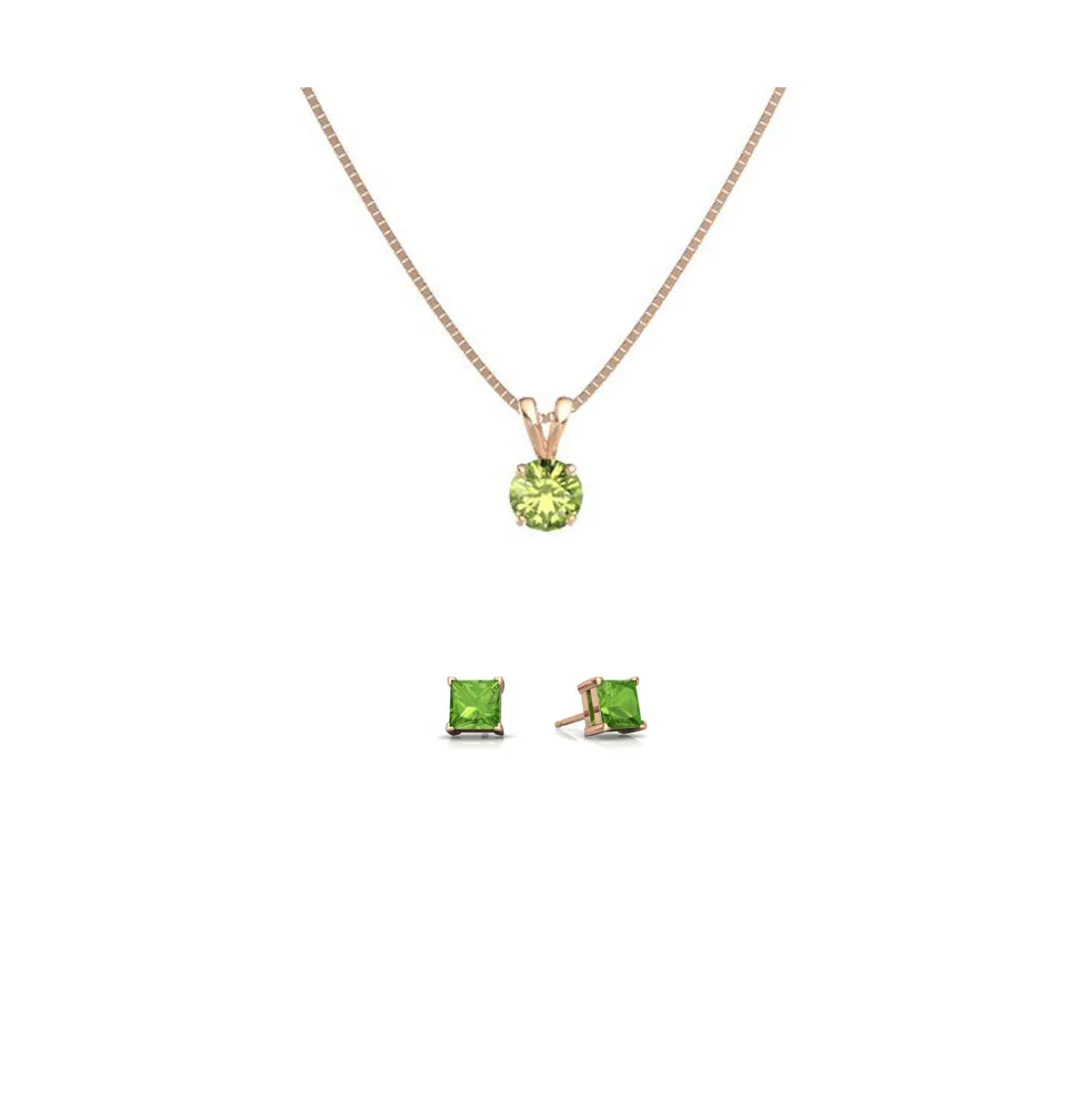 18K Rose Gold 1/2ct Peridot Round 18 Inch Necklace and Square Earrings Set Plated