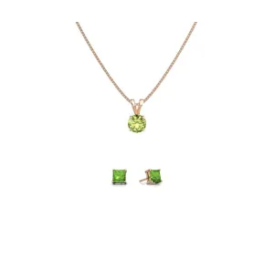 18K Rose Gold 1/2ct Peridot Round 18 Inch Necklace and Square Earrings Set Plated