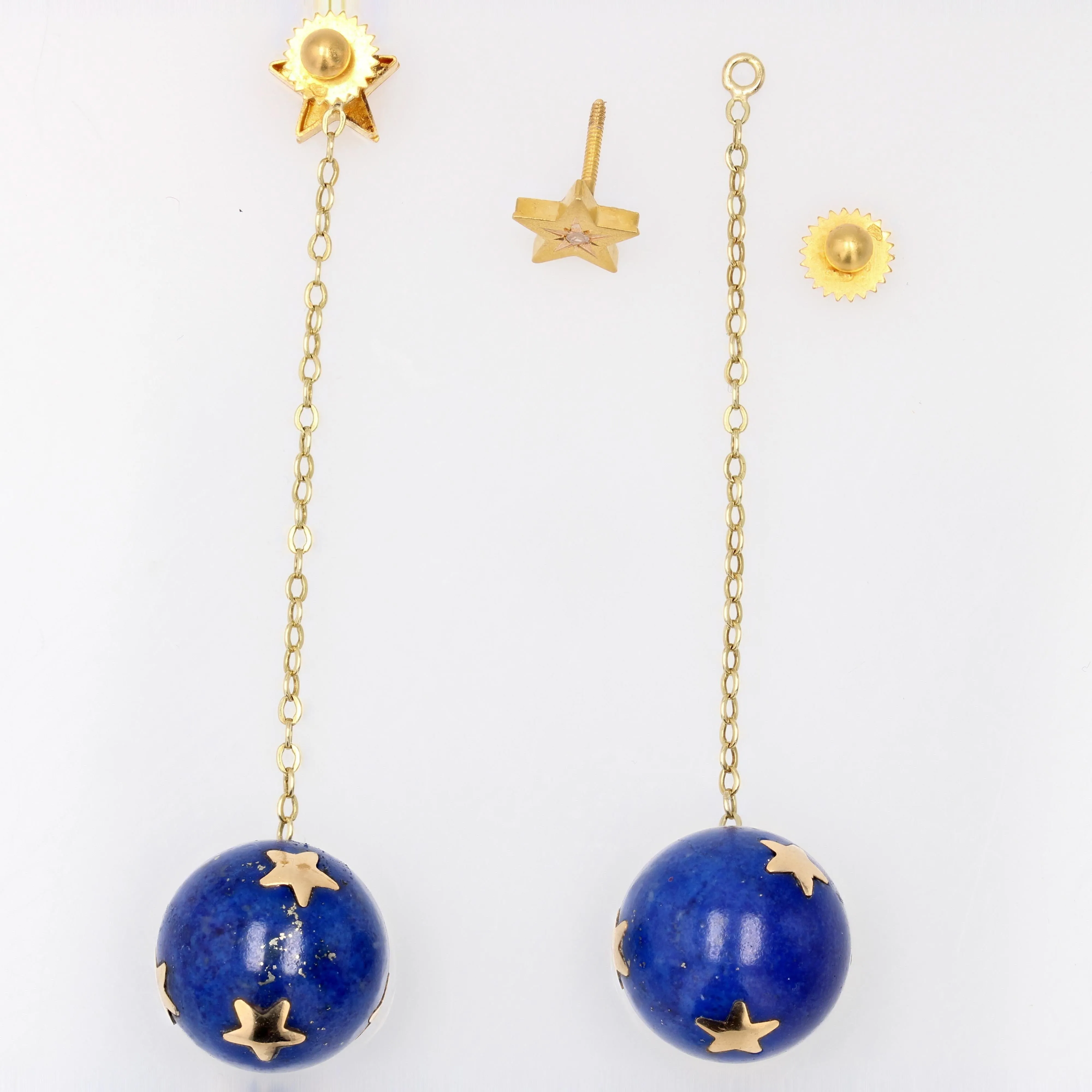 20th Century Lapis-Lazuli Ball Diamond 18 Karat Yellow Gold Dangle Star Earrings