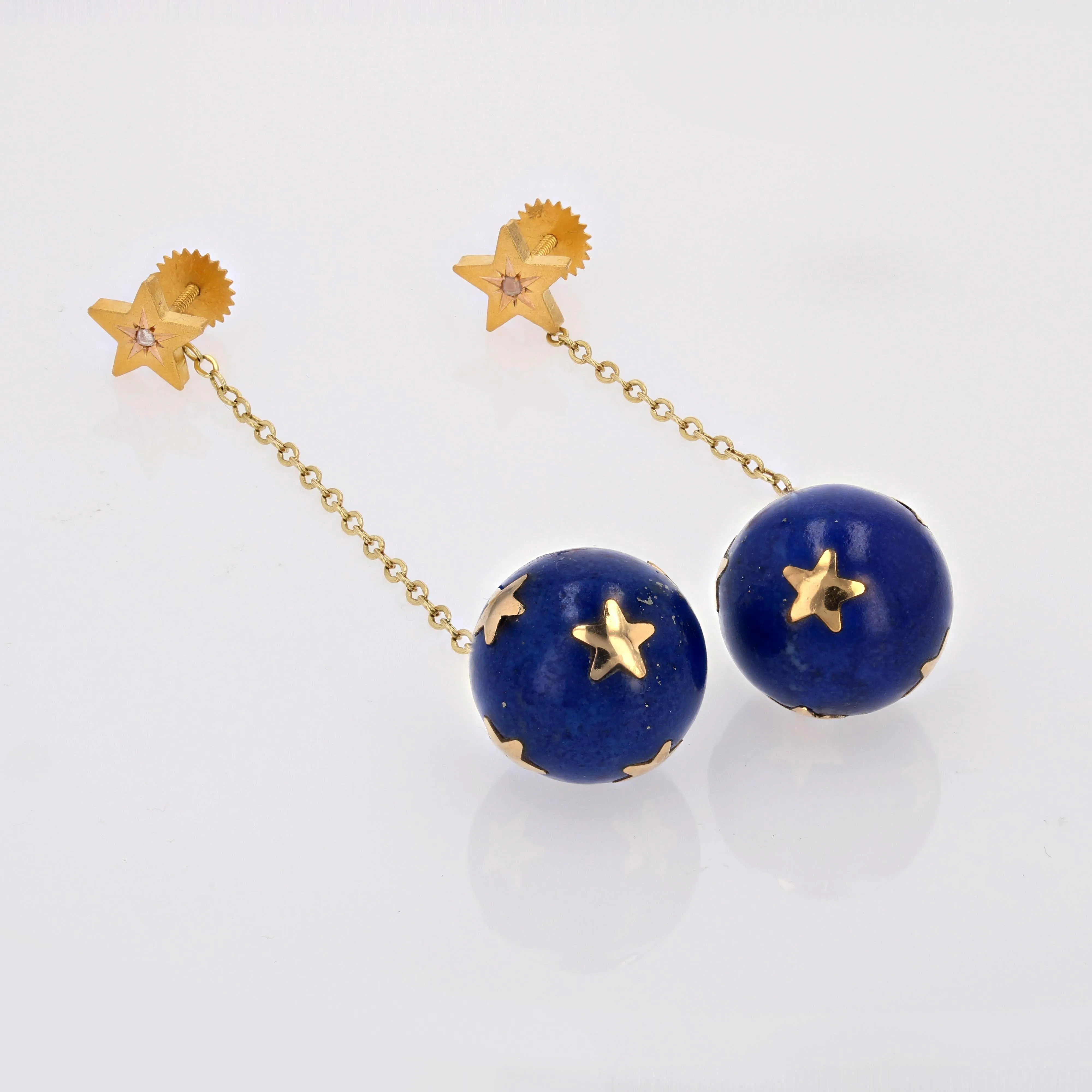 20th Century Lapis-Lazuli Ball Diamond 18 Karat Yellow Gold Dangle Star Earrings