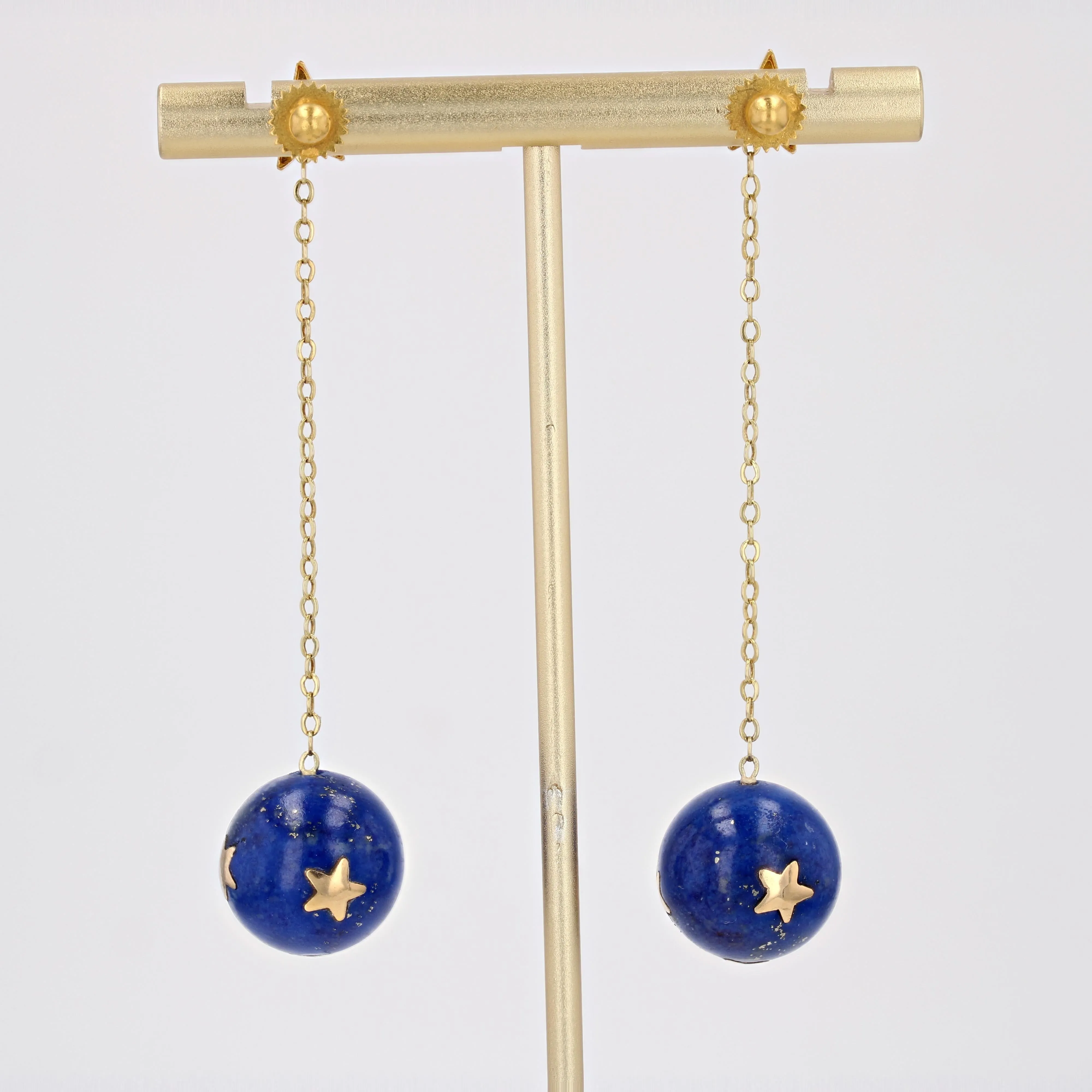20th Century Lapis-Lazuli Ball Diamond 18 Karat Yellow Gold Dangle Star Earrings