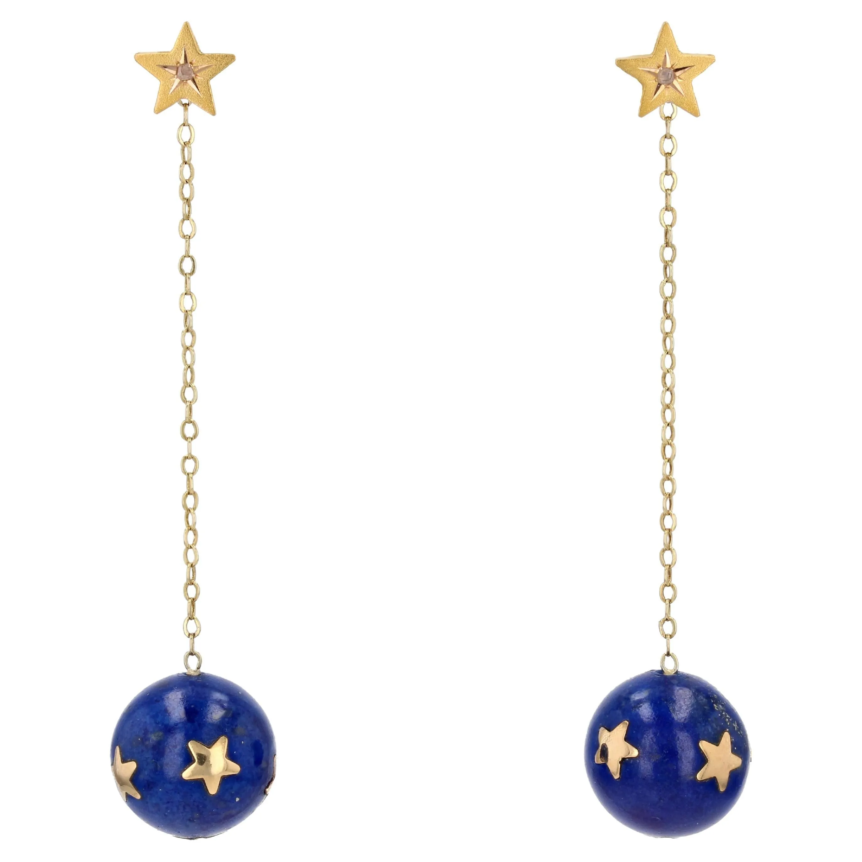 20th Century Lapis-Lazuli Ball Diamond 18 Karat Yellow Gold Dangle Star Earrings
