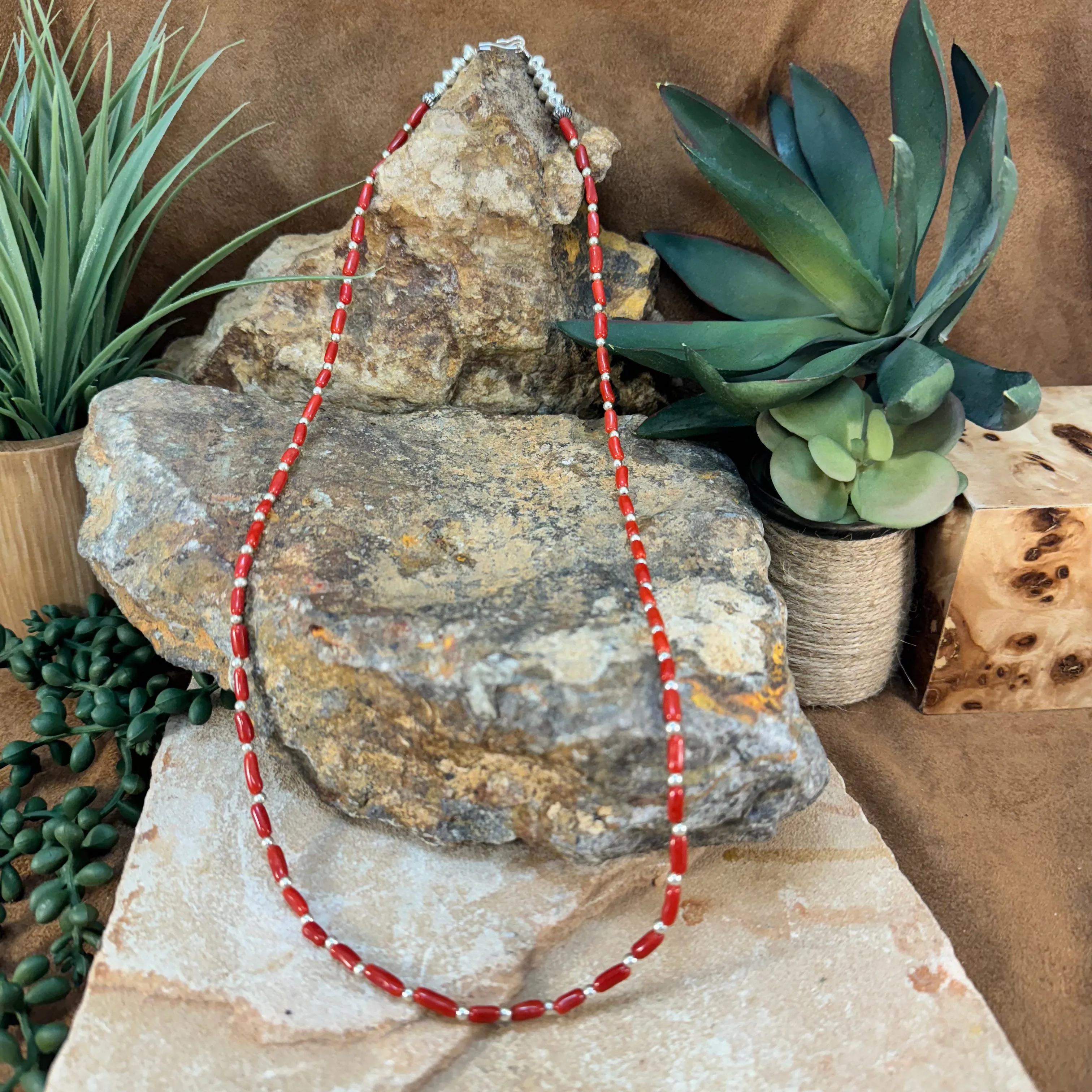 26" Sterling Silver & Red Coral Strand Necklace by Leonard Nez