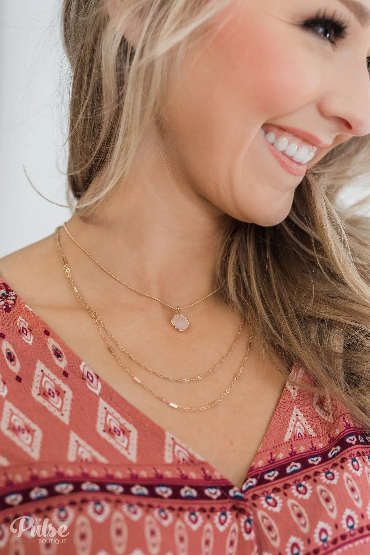 3 Tier Rose Quartz Stone Necklace- Gold