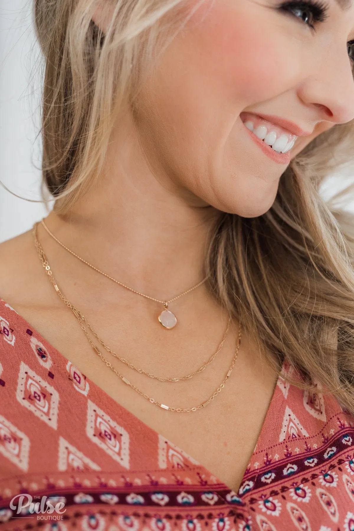 3 Tier Rose Quartz Stone Necklace- Gold