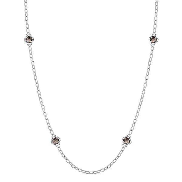 32 Inch Silver Smokey Quartz Station Necklace