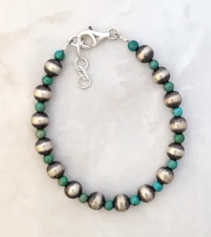 7mm Navajo Pearls & Green Turquoise Round Bead Bracelet Sterling Silver
