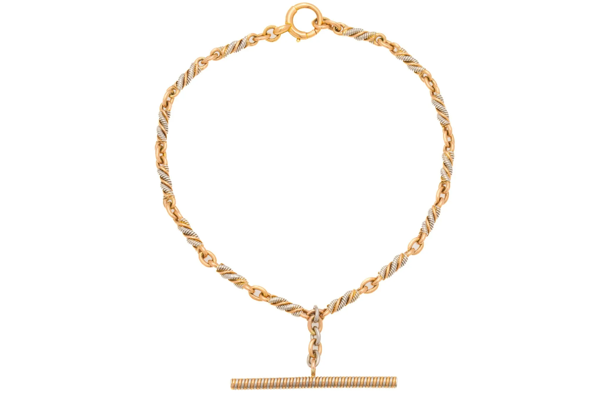 8.5" Antique Platinum & 15ct Gold T-bar Bracelet, 18.3g