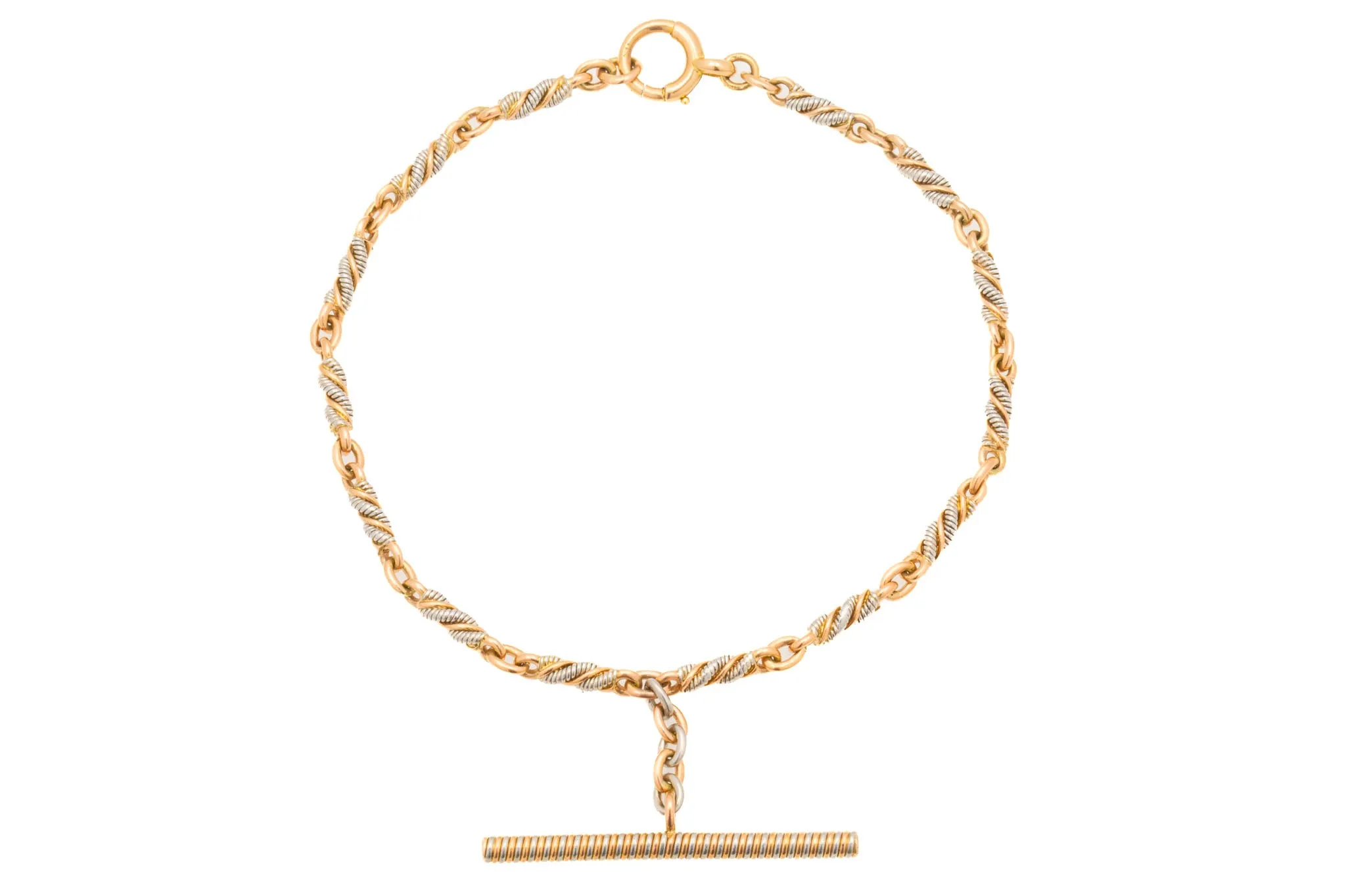 8.5" Antique Platinum & 15ct Gold T-bar Bracelet, 18.3g