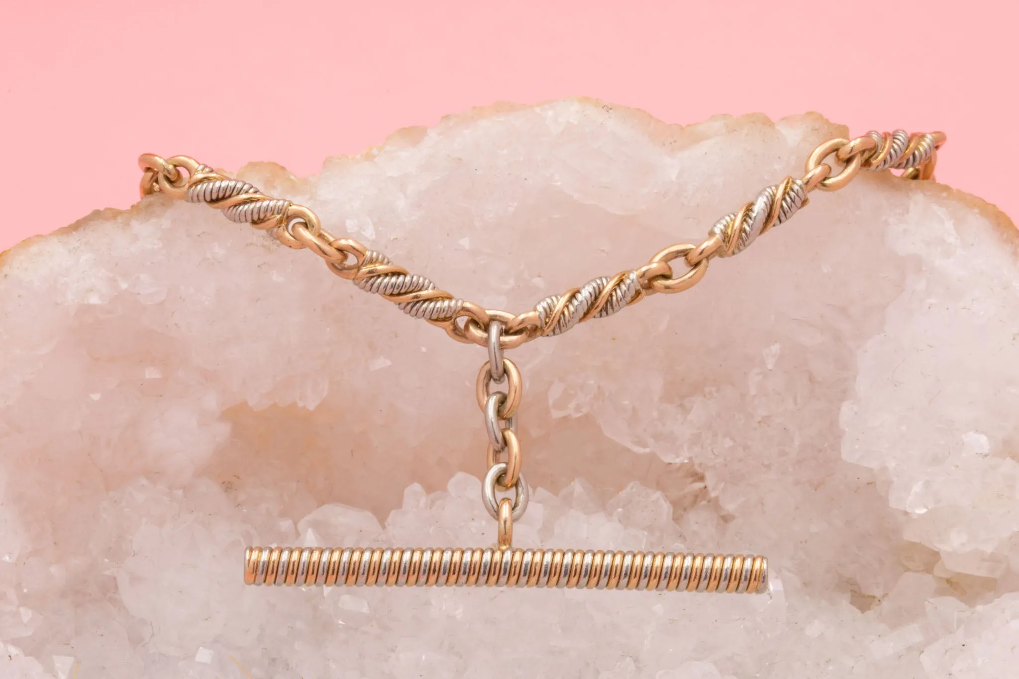 8.5" Antique Platinum & 15ct Gold T-bar Bracelet, 18.3g
