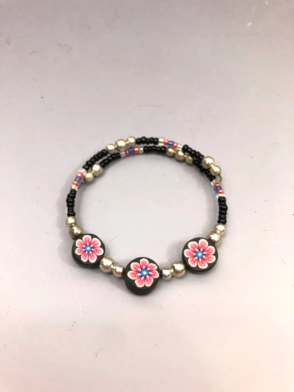 90s Beaded & Clay Bracelet (Pink Flower Design)