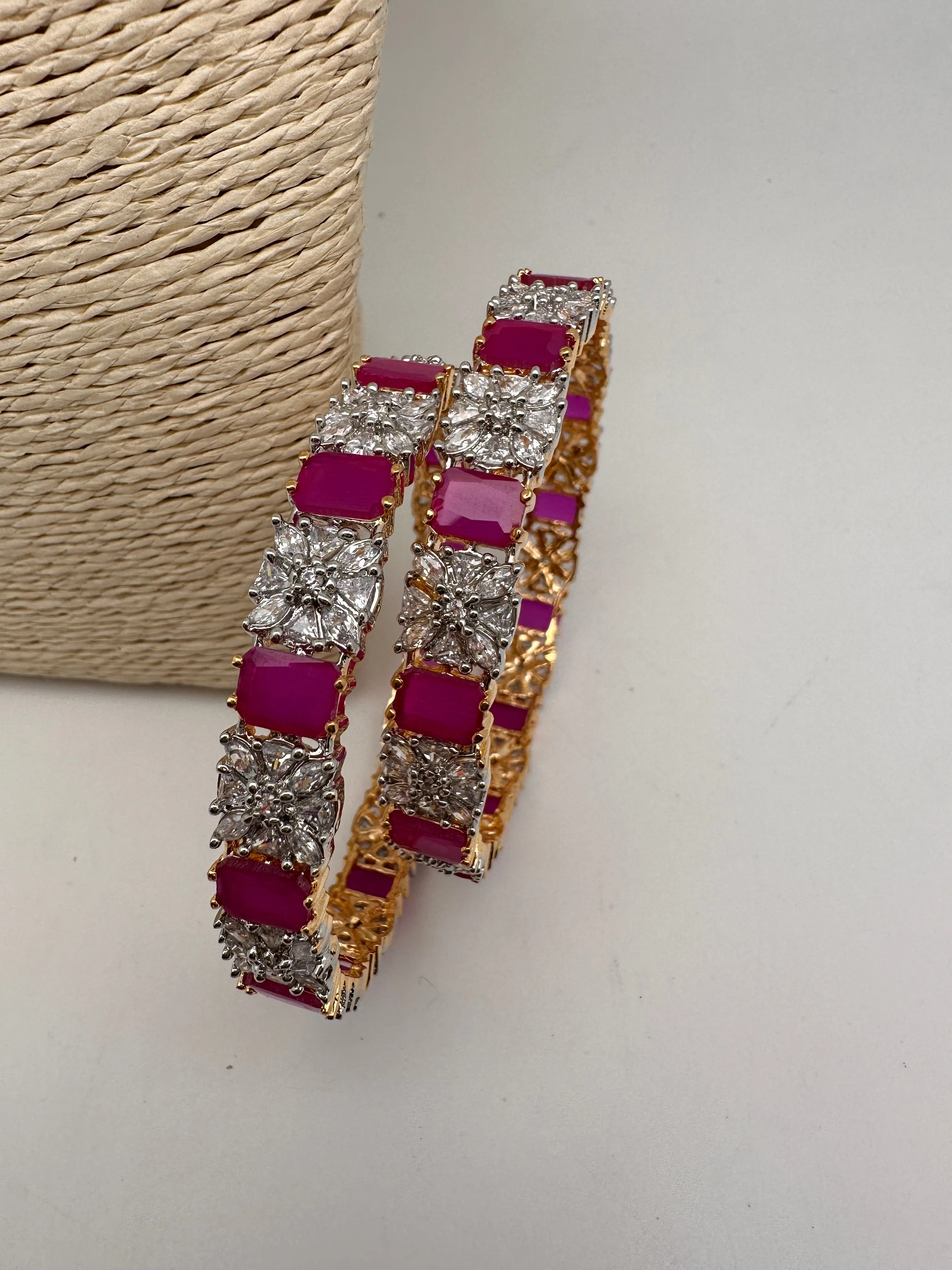 AD Ruby Red Stone Diamond Finish Floral Pattern Bangles