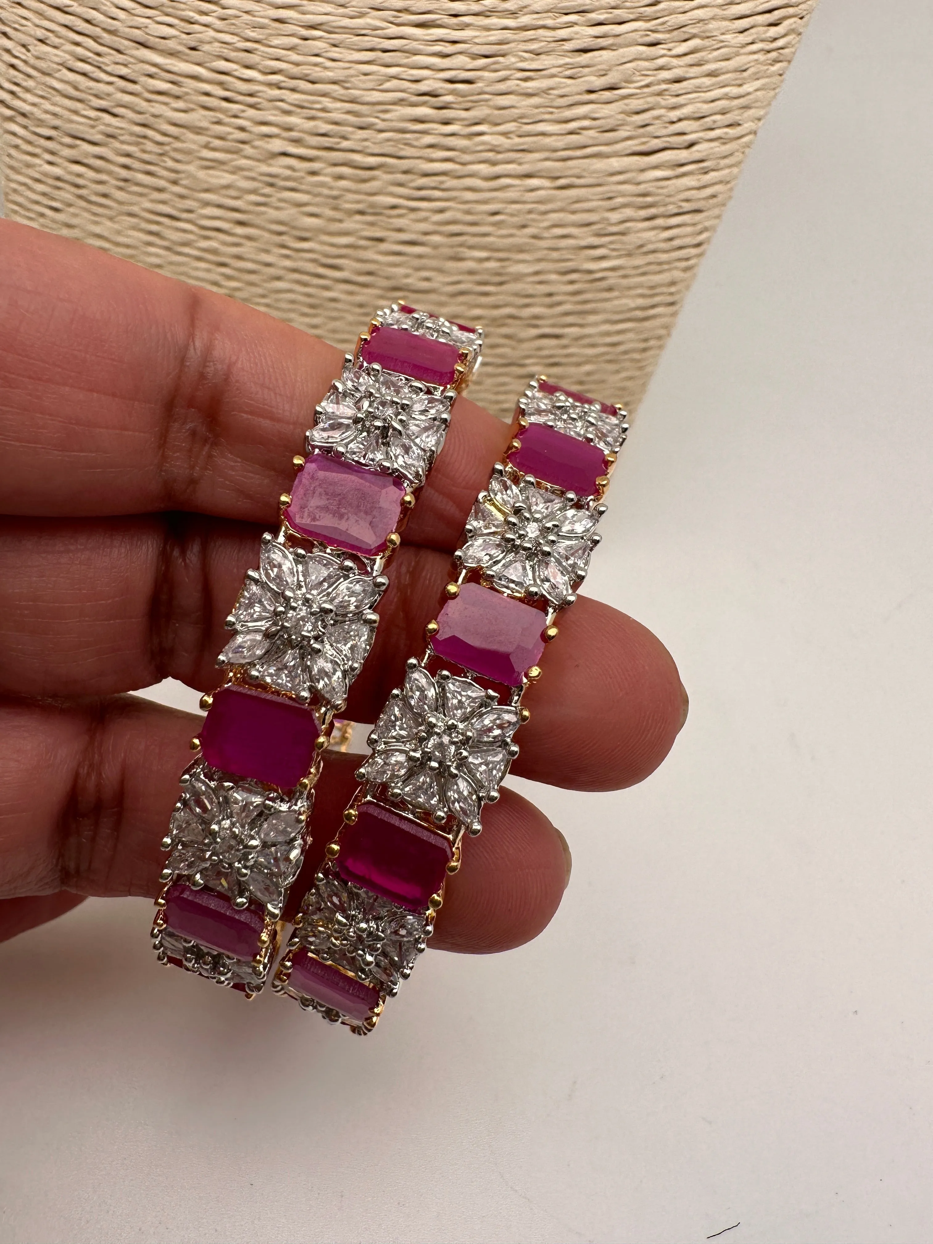 AD Ruby Red Stone Diamond Finish Floral Pattern Bangles