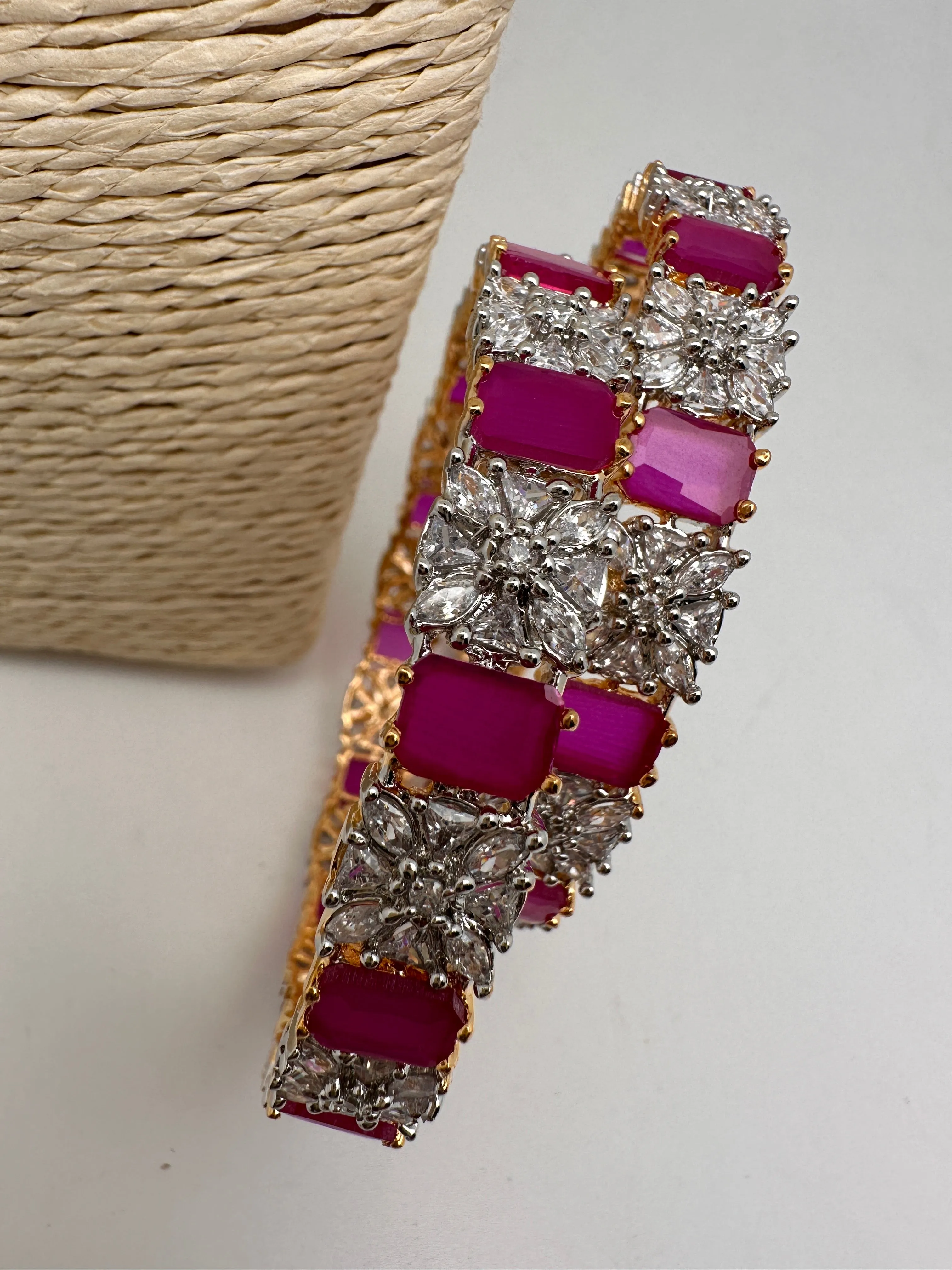 AD Ruby Red Stone Diamond Finish Floral Pattern Bangles