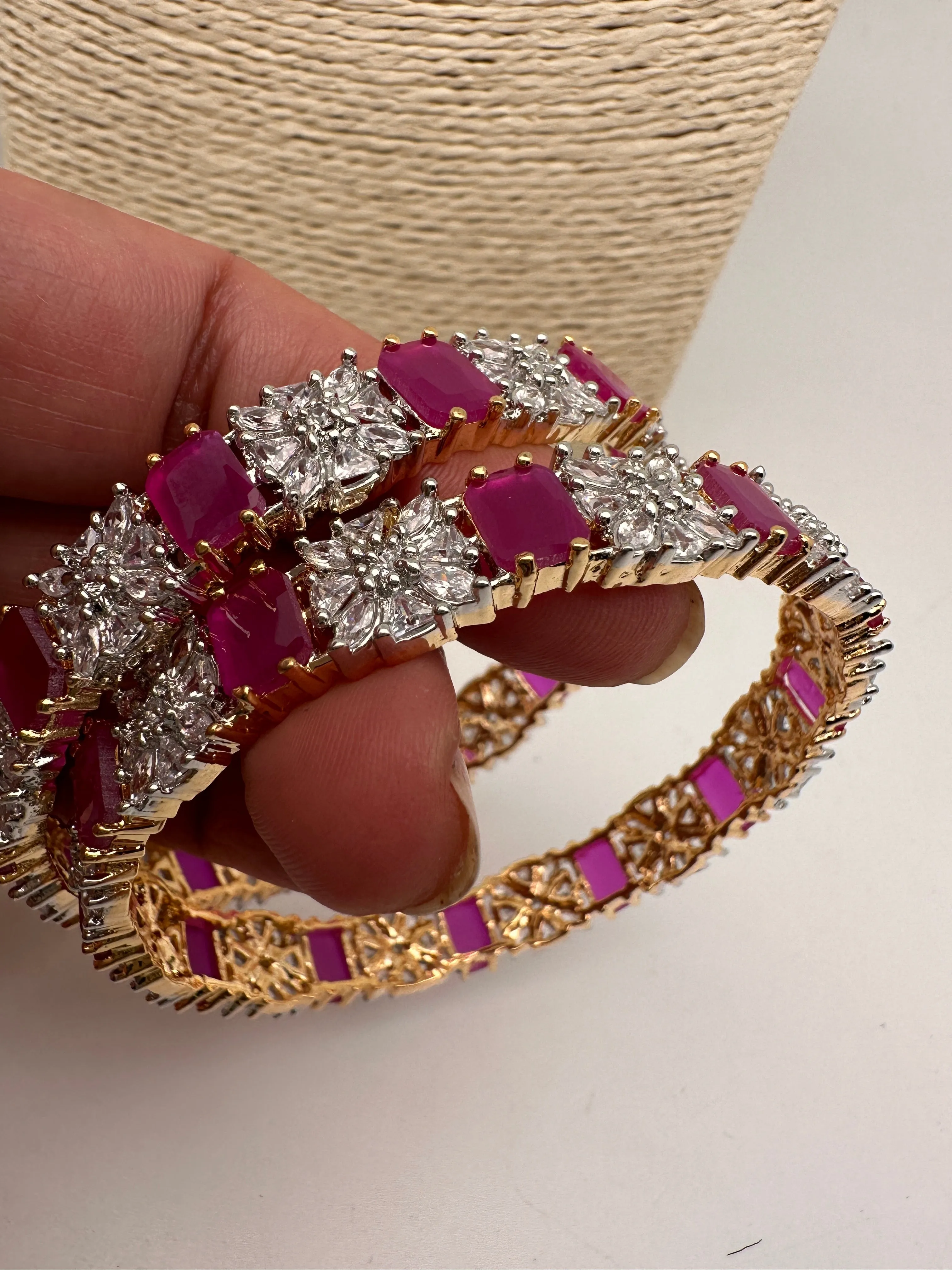 AD Ruby Red Stone Diamond Finish Floral Pattern Bangles