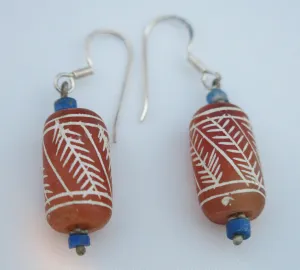 Afghan soda etched cornelian and lapis drop earrings