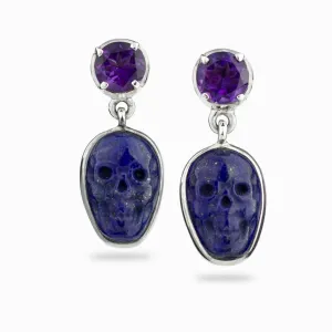 Amethyst and Lapis Lazuli Skull Stud Earrings