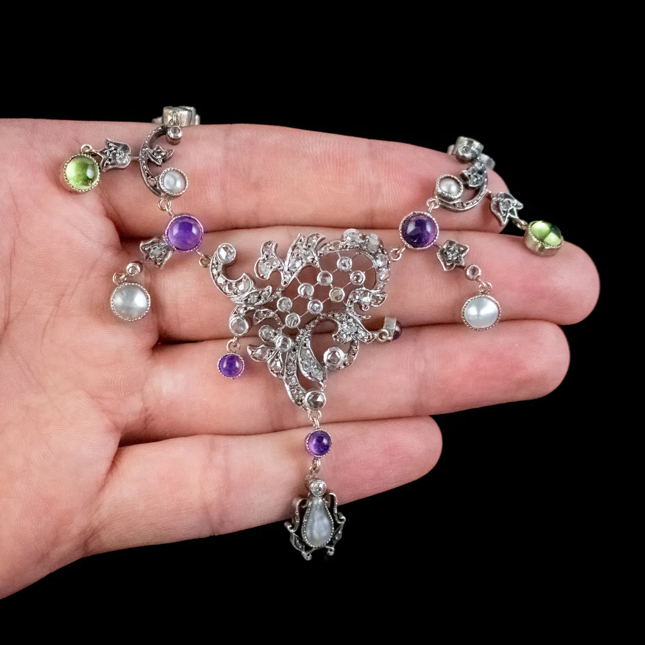 Antique Art Nouveau Suffragette Garland Necklace Diamond Pearl Amethyst Peridot Silver Circa 1915