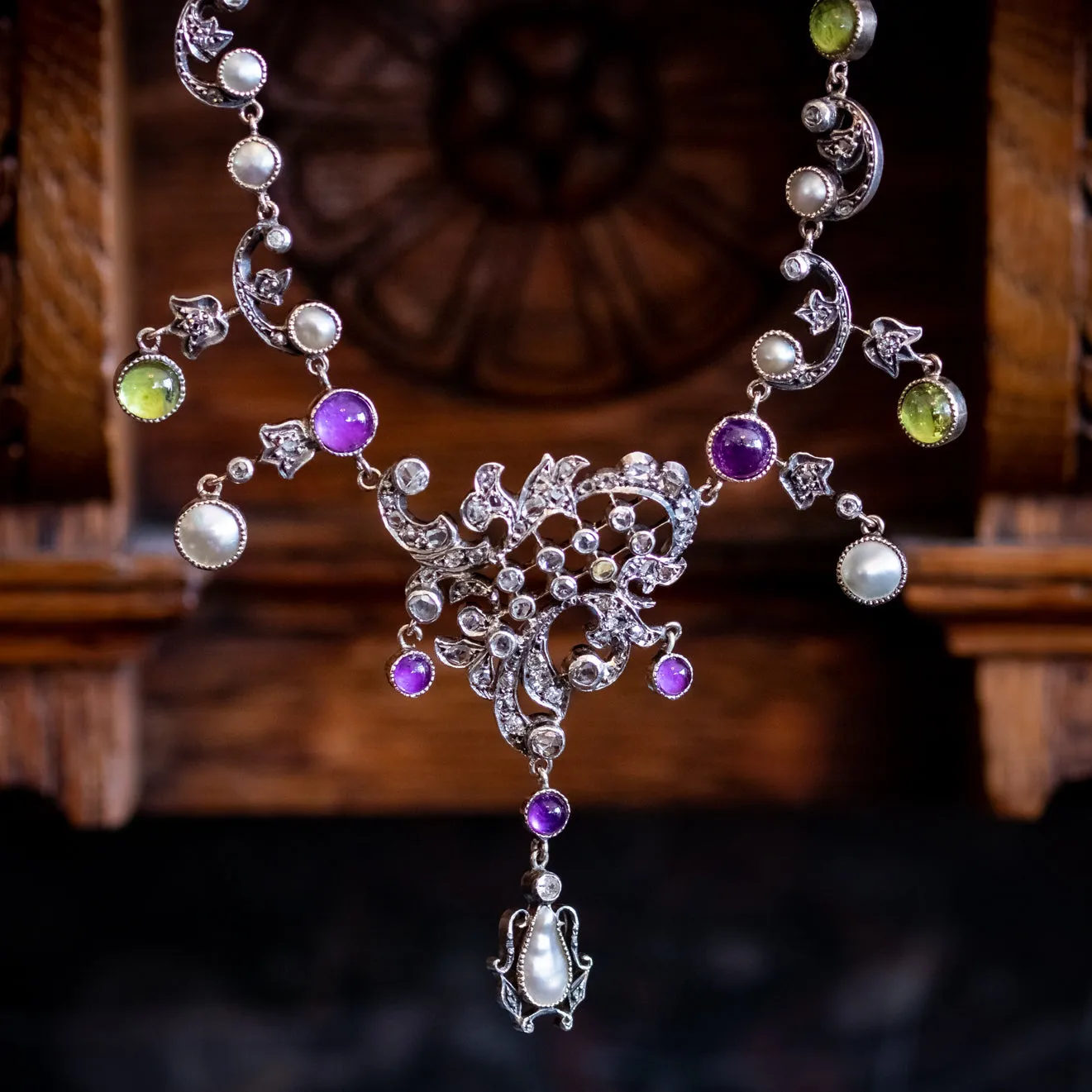 Antique Art Nouveau Suffragette Garland Necklace Diamond Pearl Amethyst Peridot Silver Circa 1915