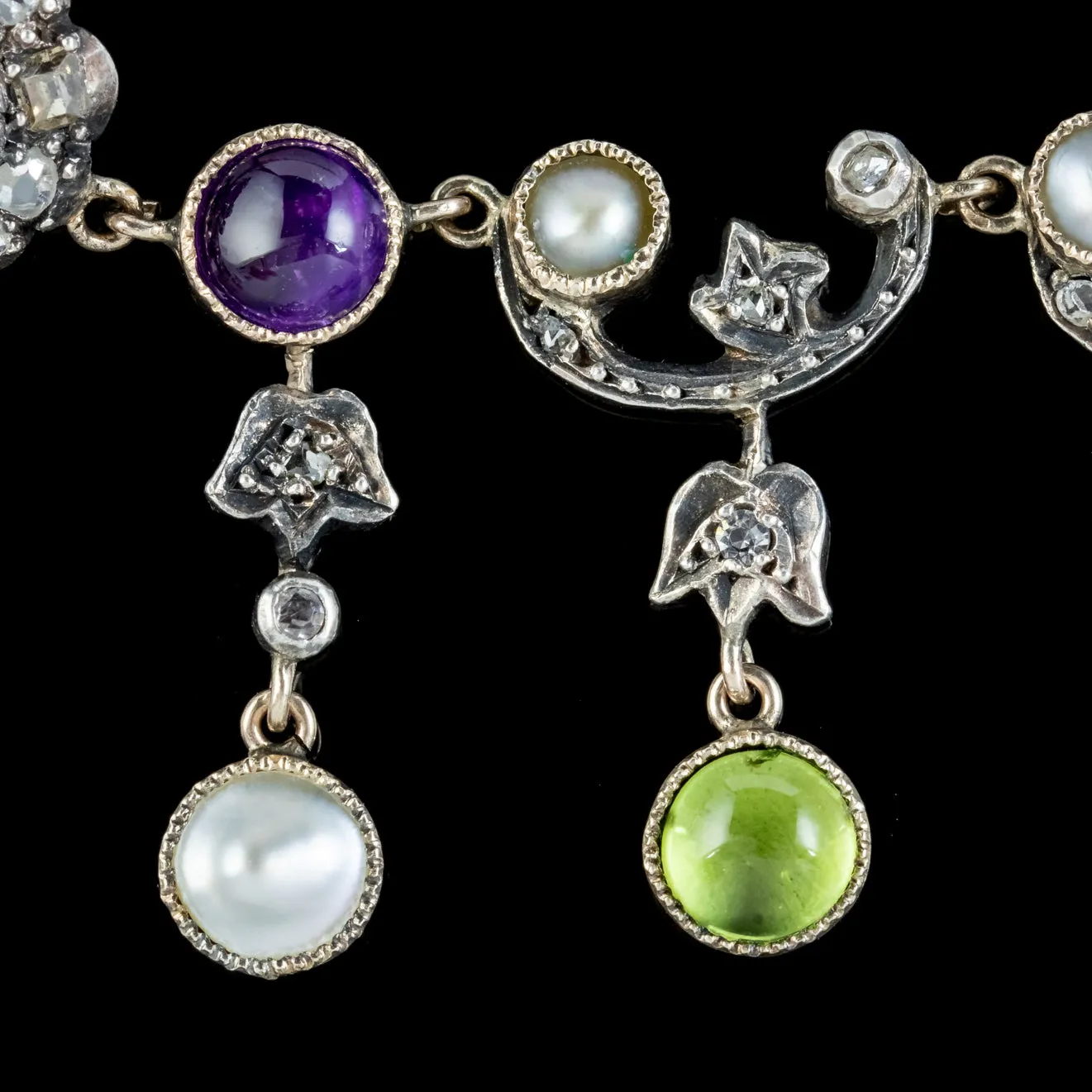 Antique Art Nouveau Suffragette Garland Necklace Diamond Pearl Amethyst Peridot Silver Circa 1915