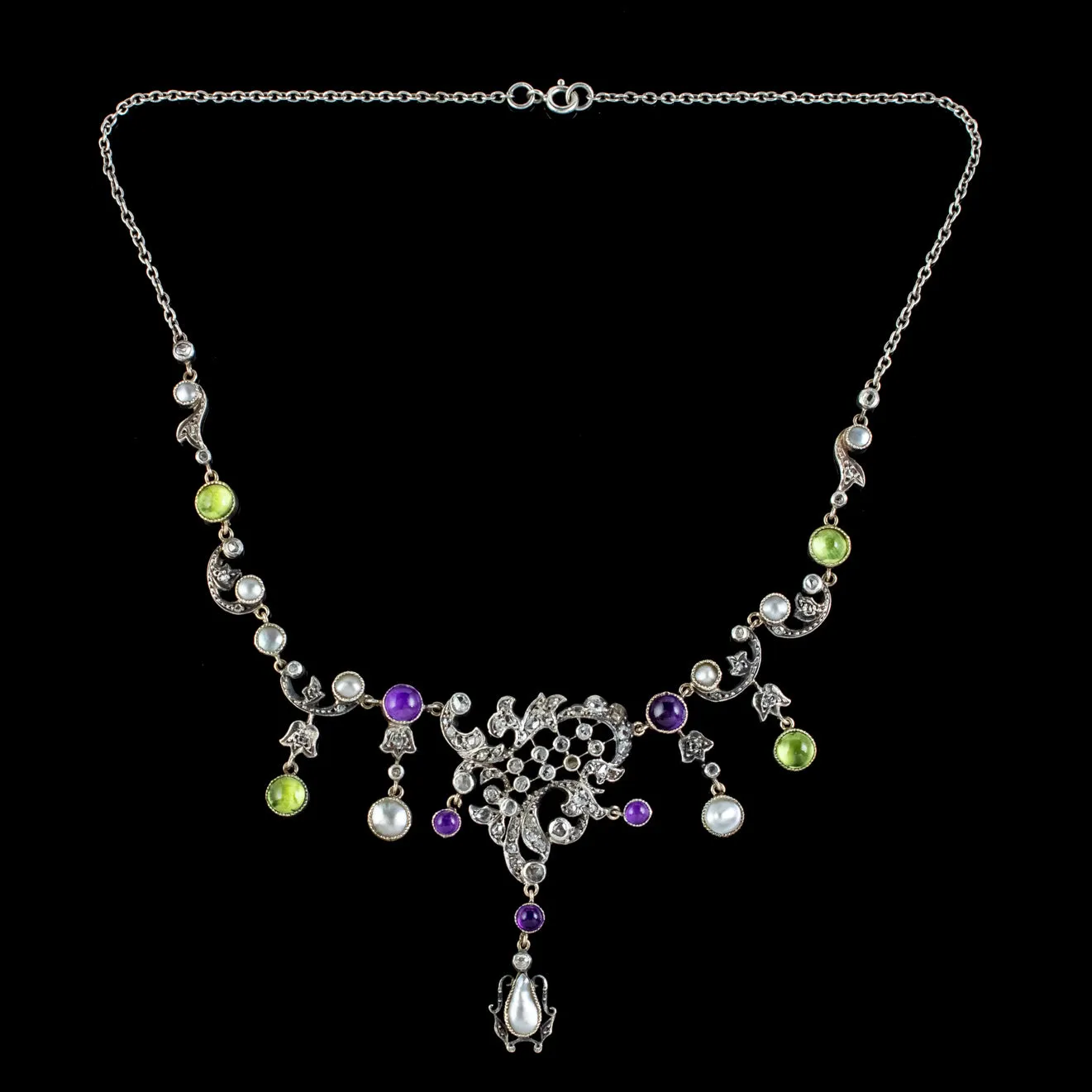 Antique Art Nouveau Suffragette Garland Necklace Diamond Pearl Amethyst Peridot Silver Circa 1915