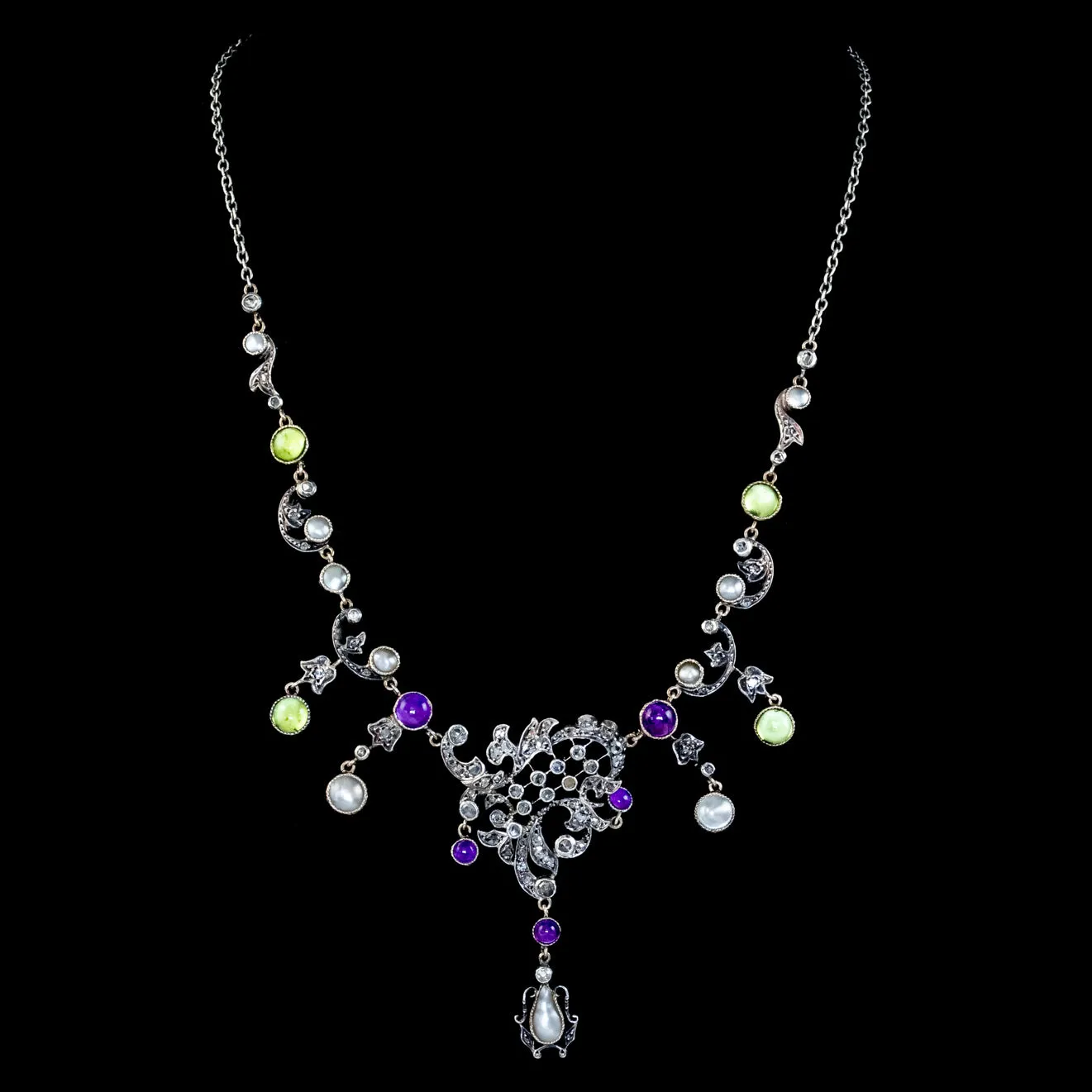 Antique Art Nouveau Suffragette Garland Necklace Diamond Pearl Amethyst Peridot Silver Circa 1915