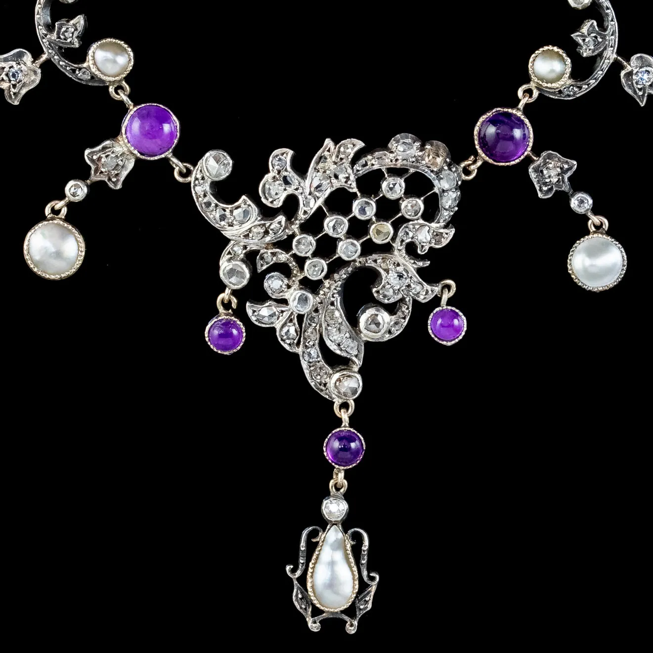 Antique Art Nouveau Suffragette Garland Necklace Diamond Pearl Amethyst Peridot Silver Circa 1915