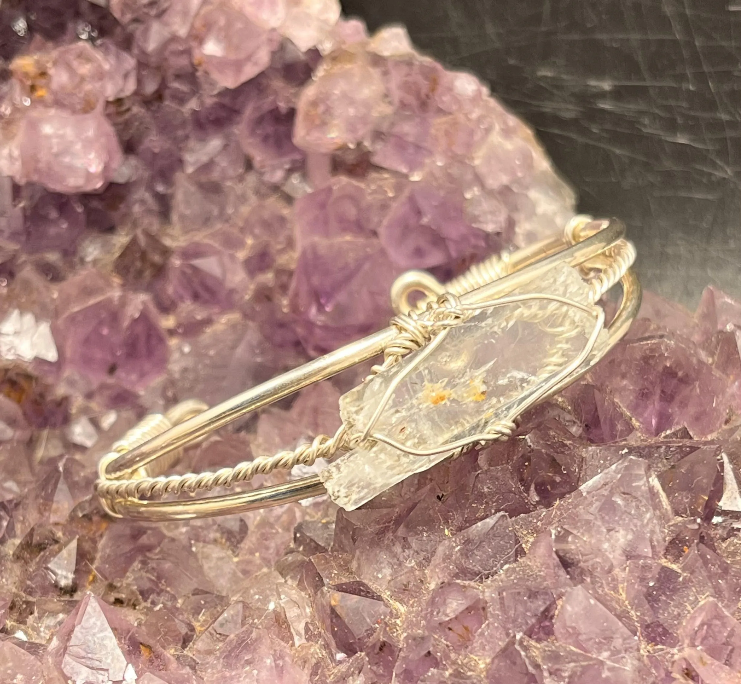 Aquamarine Crystal on Sterling Silver Wirewrapped Bracelet