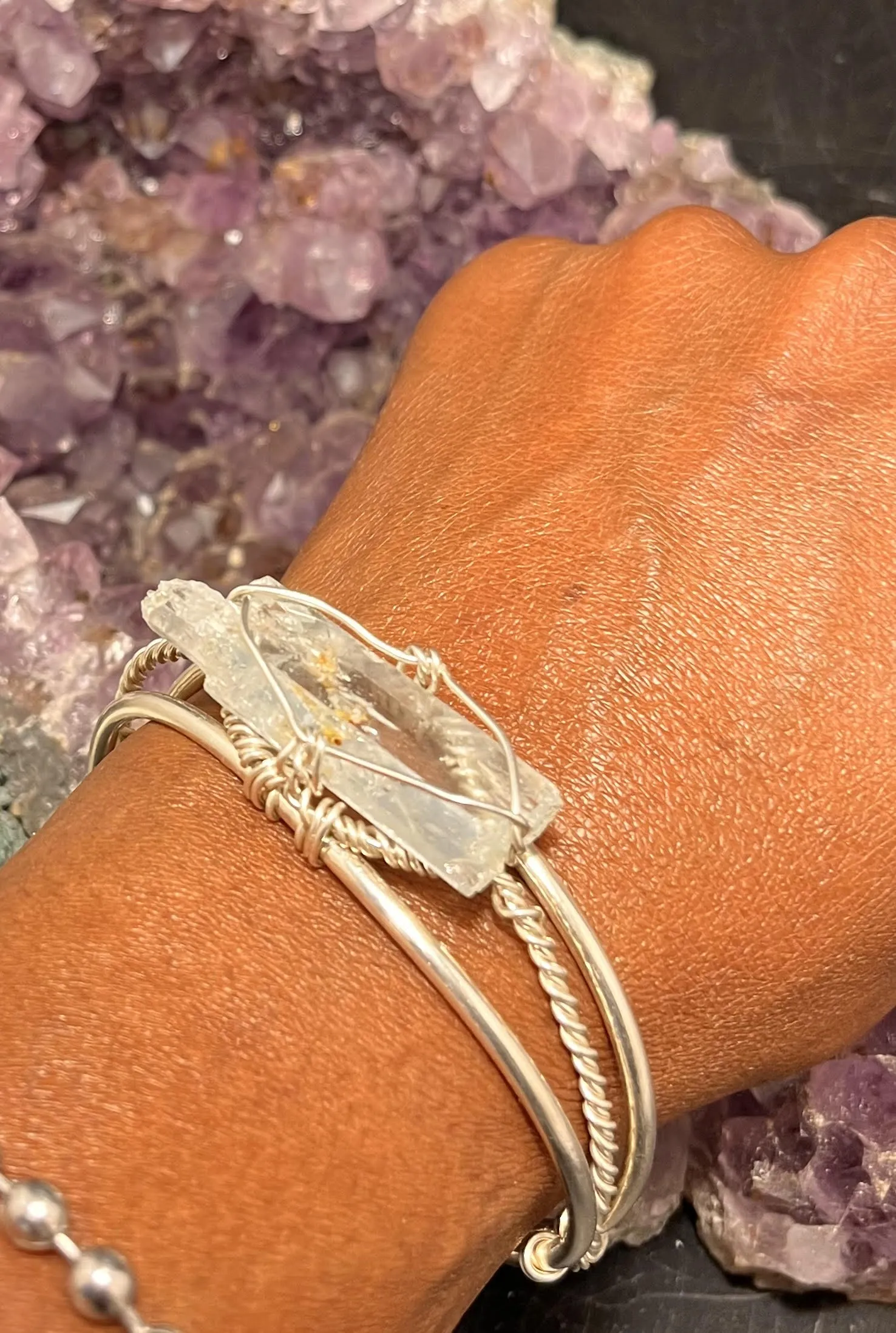 Aquamarine Crystal on Sterling Silver Wirewrapped Bracelet