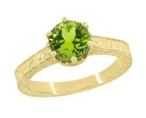 Art Deco Crown Filigree Scrolls 1.25 Carat Peridot Engagement Ring in 18 Karat Yellow Gold